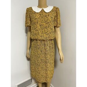 Vintage Jenny Petites Yellow Floral Peter Pan Collar Midi Dress Size 9 USA Made